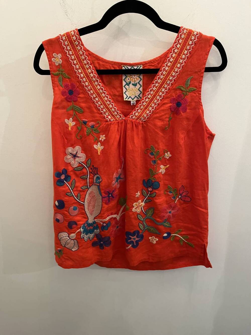 NEW JOHNNY WAS women's vneck shirred linen tank in fire red